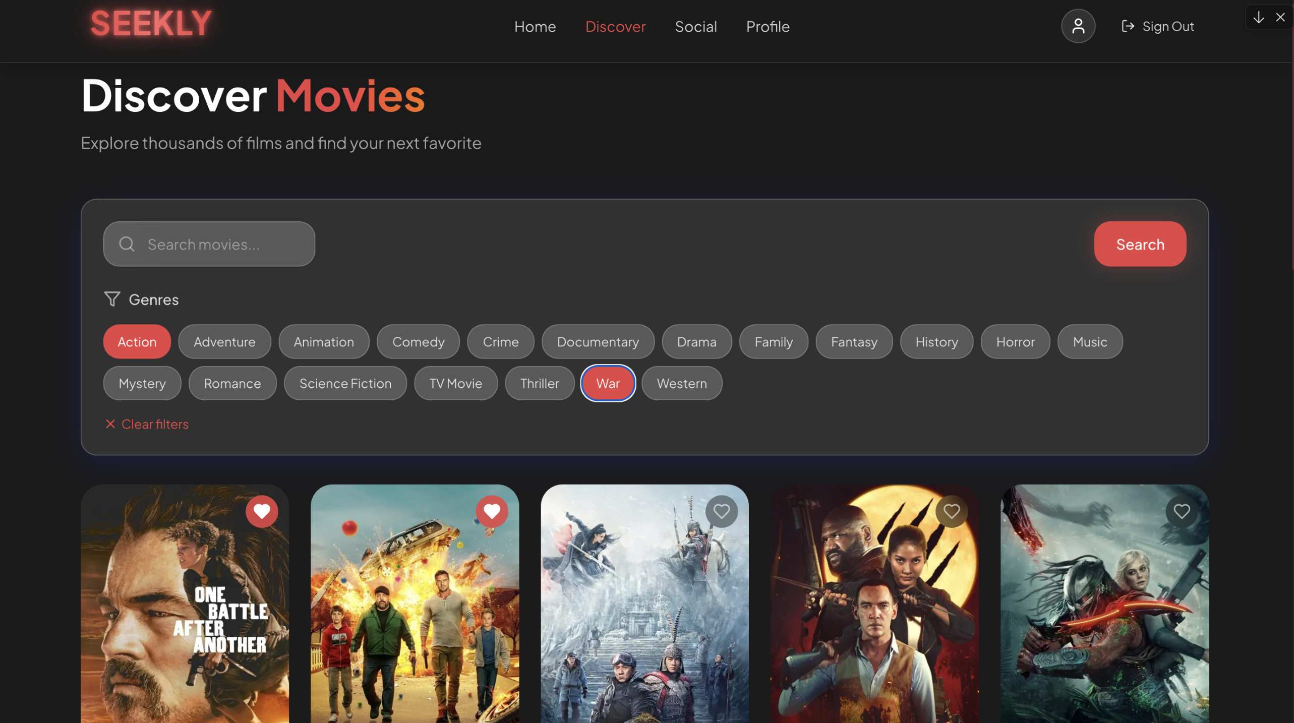 Seekly Discover page with filters